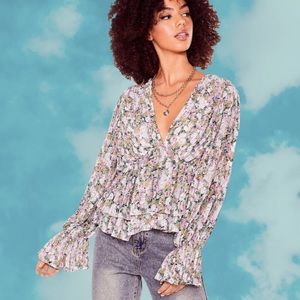 Floral Pleated Deep V Blouse